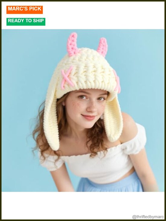 Knit Beanie Hat Cute Bunny Long Ears Funny Winter Cap Warm Crochet Slouchy Ski